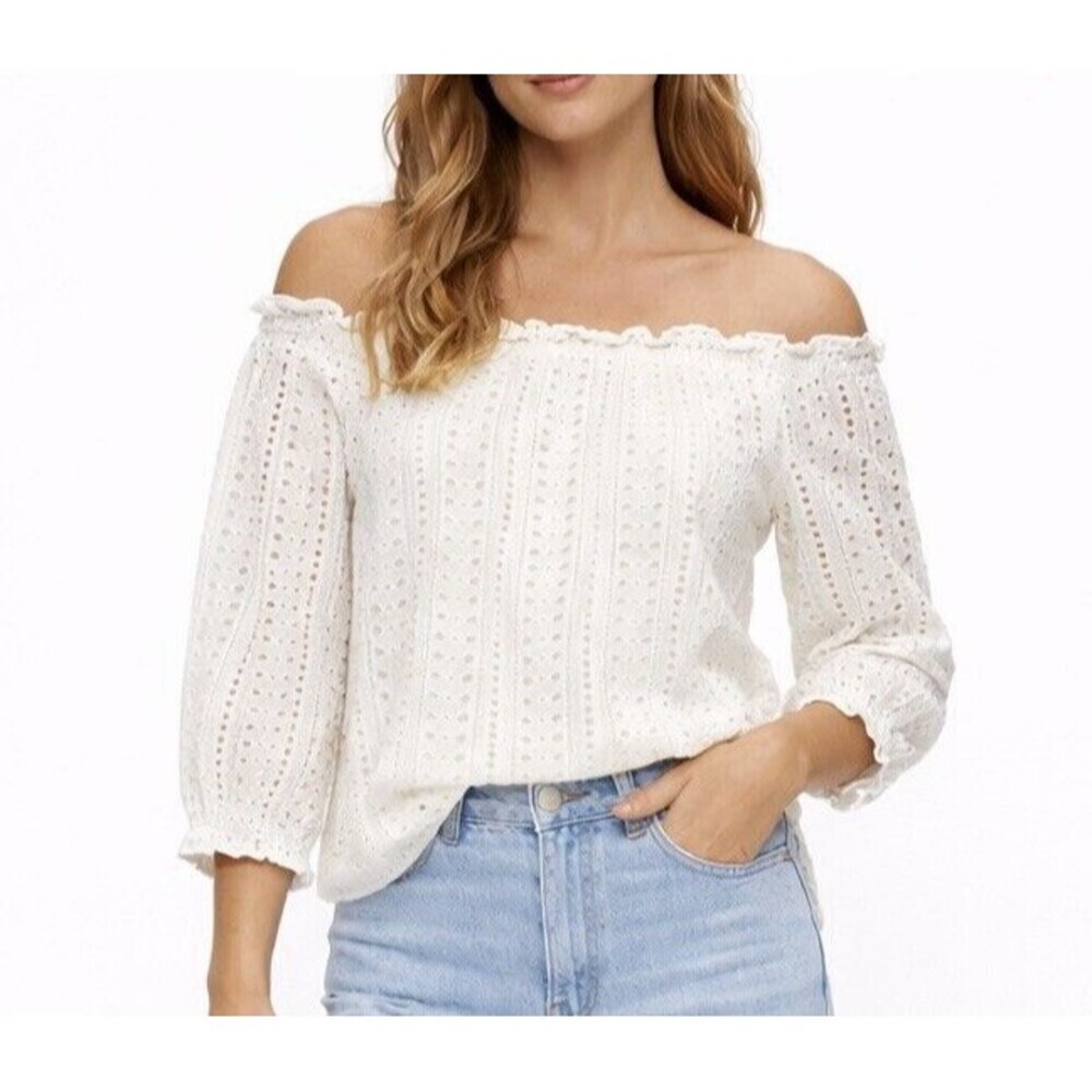 Amour Vert White Eyelet Off-Shoulder Blouse Size S Boho Lace Top Anthropologie